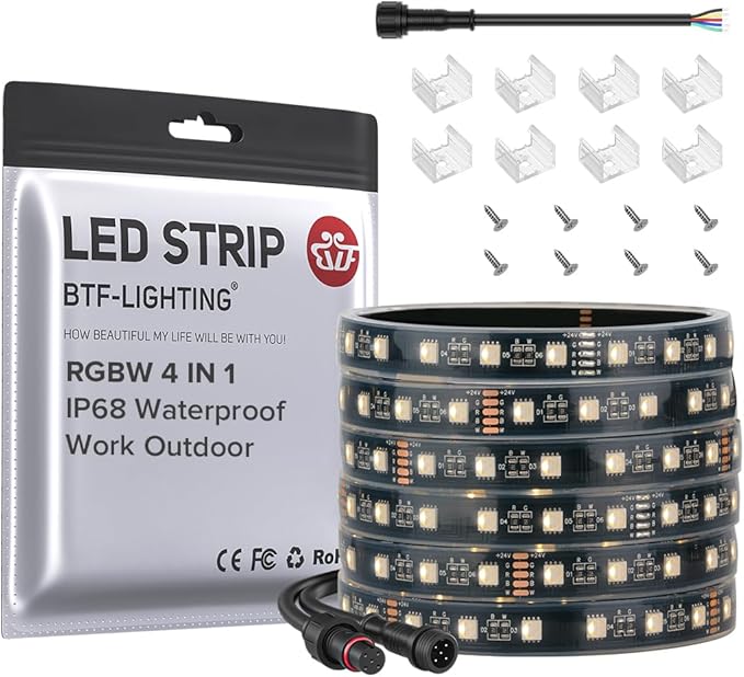 BTF-LIGHTING IP68 Waterproof Outdoor RGBW LED Strip 5050SMD RGB+Warm White(3000K-3500K) 4 Colors in 1 DC24V 16.4ft 5m 60LED/m Multi-Colored Tape Lights Can Work Outdoor(No Adapter or Controller)