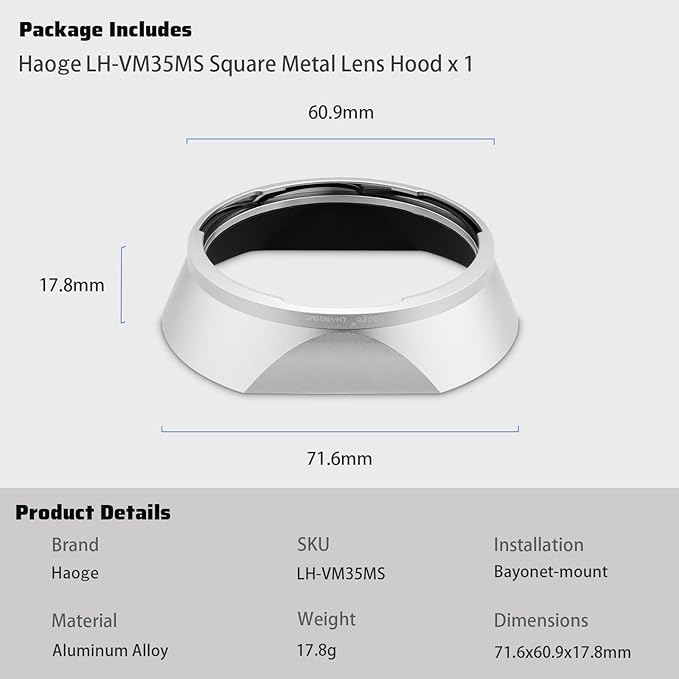 Haoge Metal Square Bayonet Lens Hood for Voigtlander Nokton Aspherical ASPH 40mm f1.2 VM,35mm f/1.2 I II III VM, 50mm f1.2 VM Leica M-Mount Lens Replaces LH-8 Shade LH-VM35MS Silver