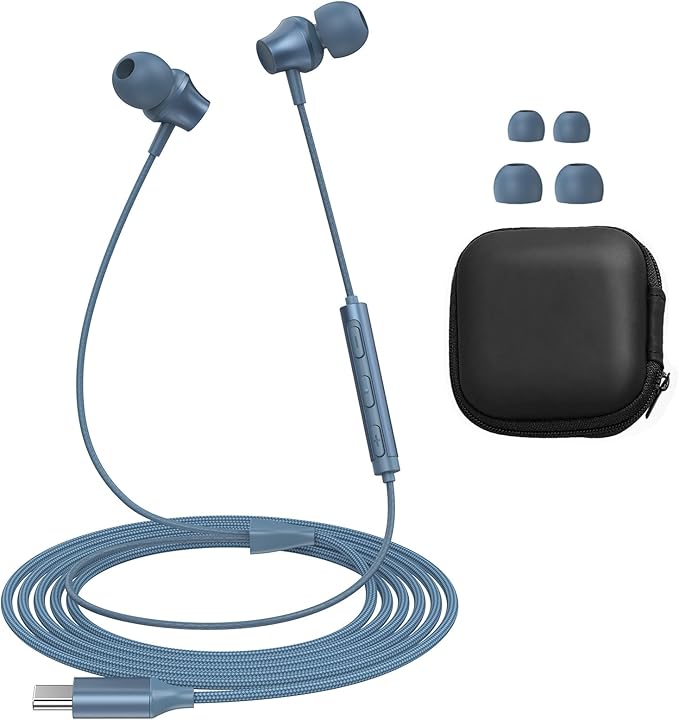 Wired Earbuds USB C Port in-Ear Earphones Braided Cord with Built-in Mic Ear Buds Wired Compatible for iPhone 15/16/17, iPad Galaxy Android and Most USB Type C Devices Blue