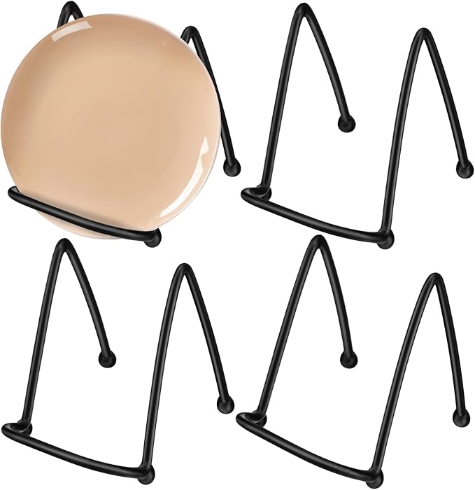 RattanView 4 Pcs 4 Inch Small Plate Holder Display Stands Mini Metal Black Frame Stand for Picture, Book, Photo Easel, Creation, Collectibles Square Wire Plate Stands for Display Mobile Phone