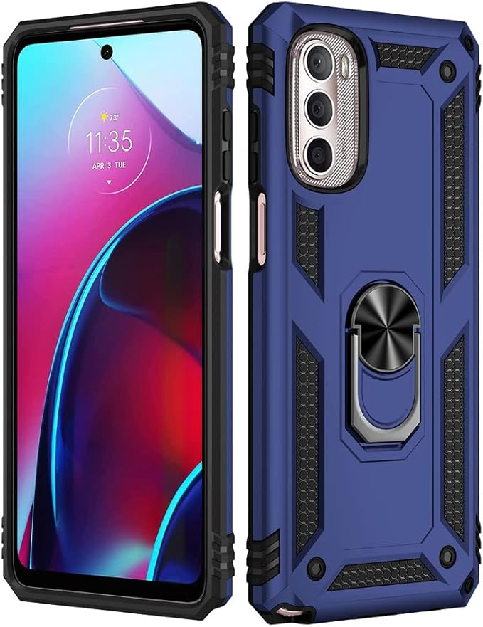 Androgate Compatible with Motorola Moto G Stylus 2022 4G Case with HD Screen Protector, Military-Grade Metal Ring Kickstand 15ft Drop Tested Shockproof Cover Case for Moto G Stylus 4G 2022, Blue