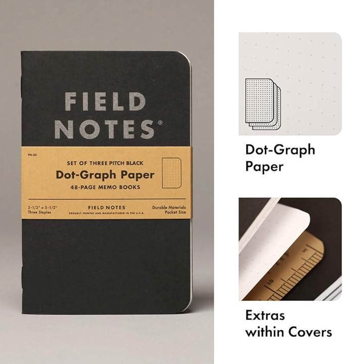 Field Notes 3-Pack Pitch Black Memo Books (3.5" X 5.5"), Dot-Graph, 48 Pages | Thin Pocket Sized EDC Notebook With 90 GSM Paper & Paperback Cover | Work Notebooks For Note Taking | Made in the USA