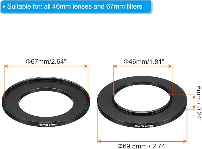 PATIKIL 46mm-67mm Metal Step Up Ring, 2 Pack Camera Lens Filter Adapter Ring Aluminum Filter Adapter Ring for Camera Lenses Hood, Black