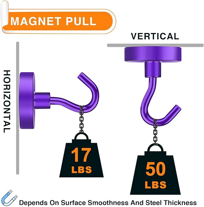 MIKEDE Magnetic Hooks, 50Lbs+ Heavy Duty Magnet Hooks for Cruise Cabins, Super Neodymium Hanging Hooks Strong Magnets with Hook for Fridge, Magnetic Hanger for Grill, Toolbox, Storage(Purple, 4 Pack)