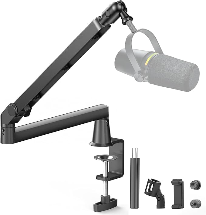 Microphone Boom Arm, Low Profile Mic Arm with 360° Rotation, Cable Management, Extended Riser, Mic Clip, Microphone Stand for Blue Yeti HyperX QuadCast Shure Elago, Black