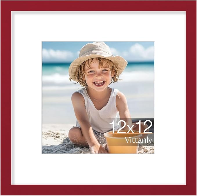Vittanly 12x12 Picture Frame, Made of Solid Wood and Shatterproof Plexiglass, Display Pictures 8x8 with Mat or 12x12 without Mat, Wooden Photo Frame for Wall Mounting, Red, 1 Pack