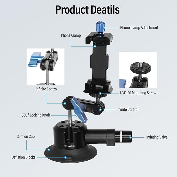 SIRUI Suction Cup Mount for Camera and Phone, Air Pump Vacuum Suction Cup with Magic Arm, Phone Holder, 360°Rotating Double Head Windshield Window Mount for GoPro, for Insta360, for DJI Action, MA-SC