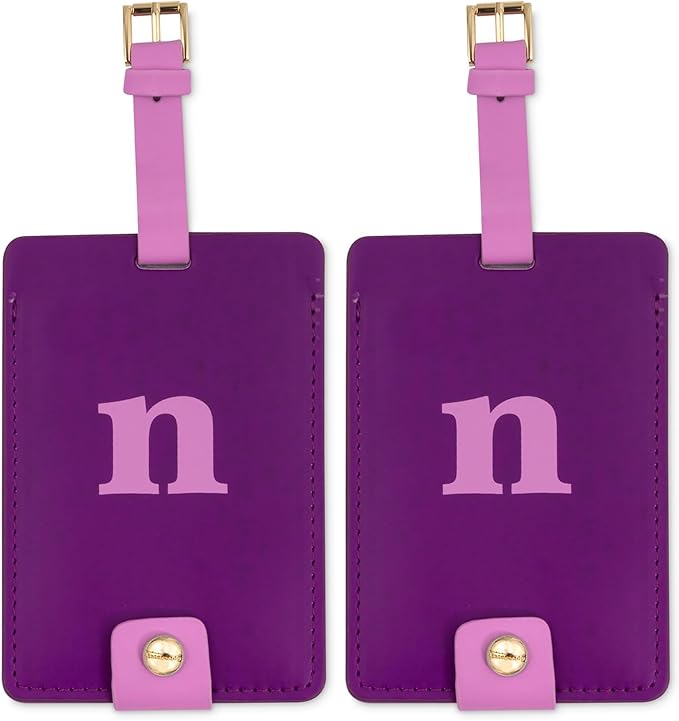 Kate Spade New York Leatherette Luggage Tag with Secure Strap, Colorful Suitcase Identifier for Travel, Monogram Bag Tag ID (N) (Pack of 2)