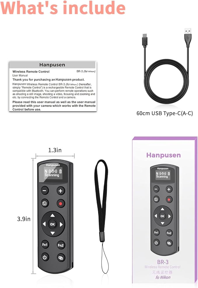 Hanpusen Rechargeable Camera Remote Control for Nikon - Wireless Shutter Release with OLED Screen Compatible with ZR, Z6lll, Z30, Z50, Z50ll, z5, Zfc, Zf, Z6II,Z7II, P1000; Replaces Nikon ML-L7(Black)