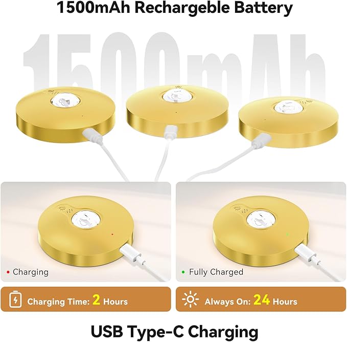 Rechargeable Puck Lights with Remote, 3 Pack Magnetic Under Cabinet Lighting, 1500mAh Battery Operated LED Tap Lights with Dimmer & Timmer for Kitchen, Closet, Shelf - 3 Color Temps & 12 RGB, Gold