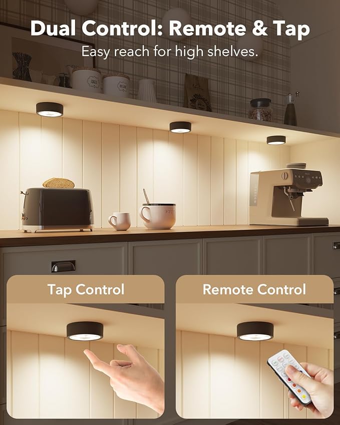 Rechargeable Puck Lights with Remote Control, 2400mAh Battery Stick On Spot Lights Indoor for Cupboards, RGBW, 4 Packs