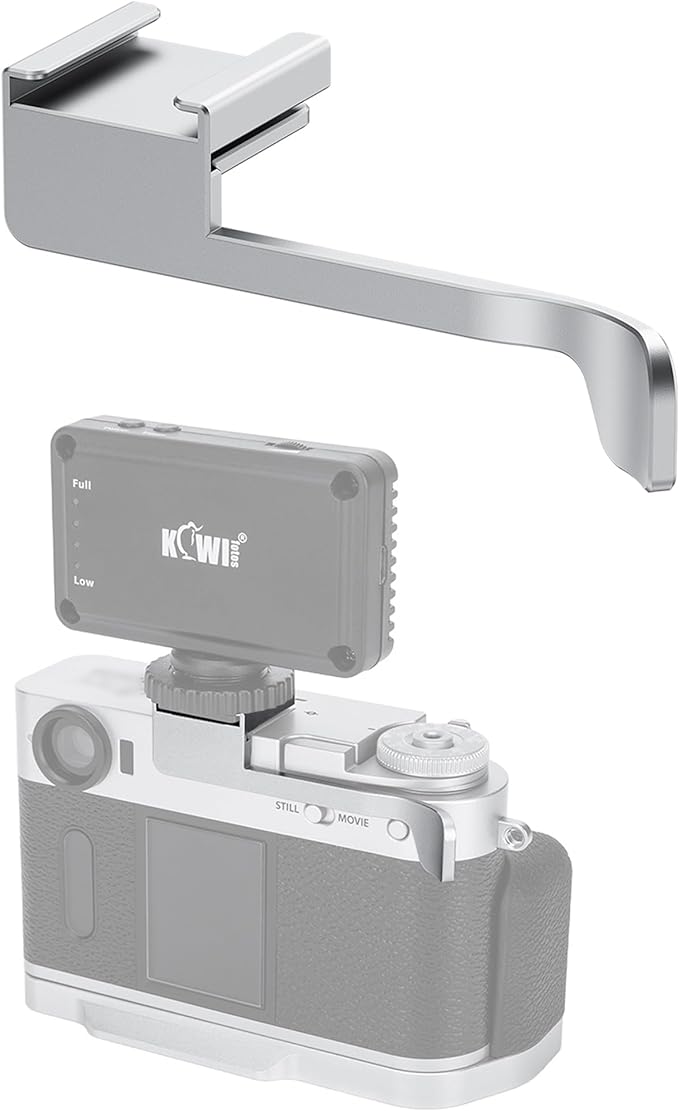 JJC Metal Thumb Rest Grip for Fuji Fujifilm X Half Digital Camera, Hot Shoe Thumb Support for Stable and Safe Hand Hold, with Cold Shoe Adapter Mount for LED Light Microphone Attachment, Silver Color