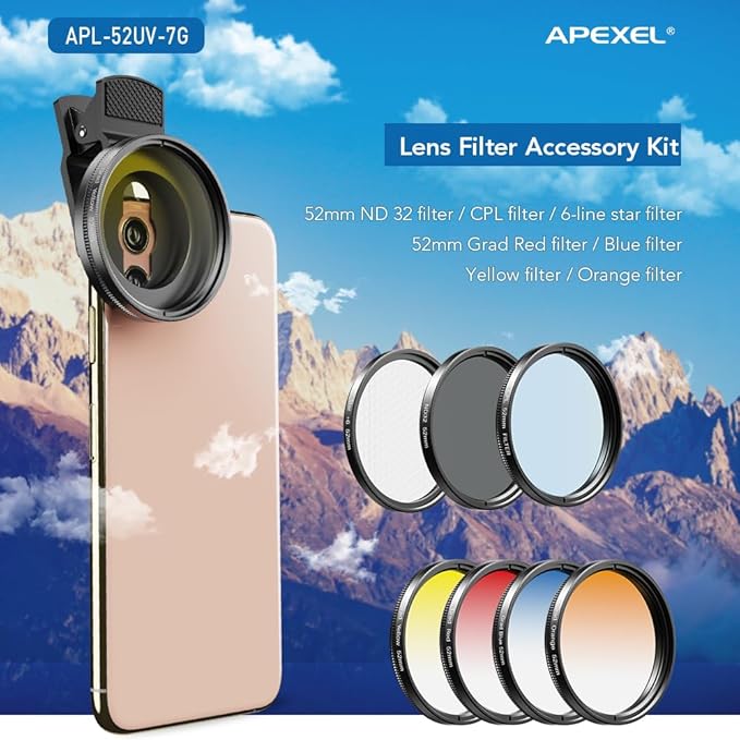Apexel 52mm Filter Lens Kit (Graduated Filter Lens-Red Orange Yellow Blue, CPL, ND32, Star Lens-6 Point) for Smartphone Camera Canon Nikon Sony Olympus
