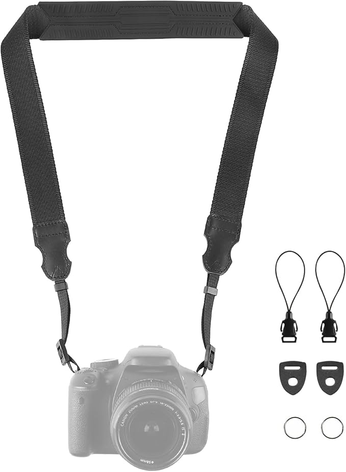 Neck Strap Silicone Camera Straps - Padded Camera Strap, 1.5" Wide Adjustable Nylon Shoulder Strap - Compatible with Canon, Nikon, Sony, and More DSLR and Mirrorless Cameras (Black)