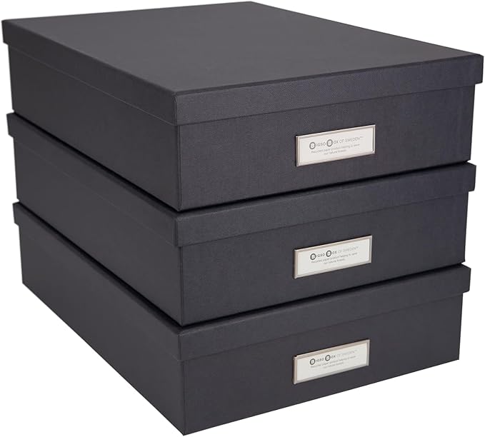 Bigso Oskar Fiberboard Label Frame Document Letter Box - File Organizer Box for Important Paperwork - Document Storage with a Lid & Metal Label Window - 3.3 in x 10.2 in x 13.8 in - 3 Pack - White