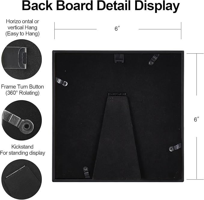 BKABOT 6x6 Picture Frame, Black Metal Photo Frames with HD Glass, Fits 5x5 with Mat or 6 x 6 without Mat, Display for Wall and Table, 1 Pack