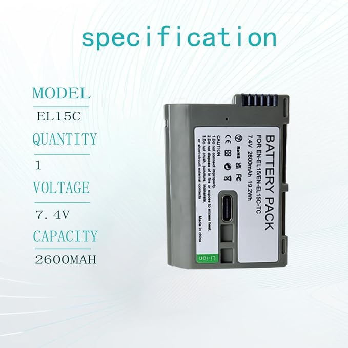 EN-EL15C Replacement Battery with USB C Fast Charging Port for Zf / Z8 / Z7 / Z6, 2.5H Full Charged Battery for Z7 II, Z6 II, Z5, D850, D810, D810A, D780, D750, D610, D500, D7500