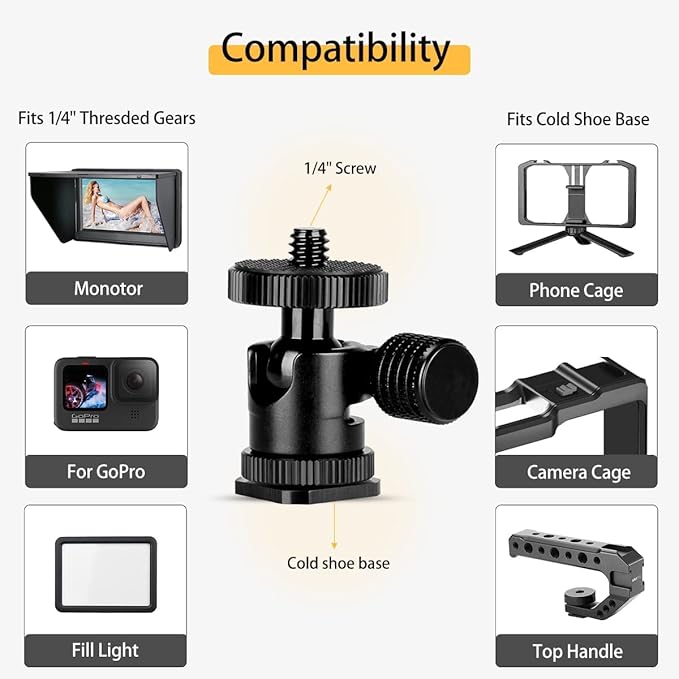 koolehaoda 1/4 Mini BallHead & Hot Shoe Mount Adapter for Camera Video Light Tripod Monopod (1/4 Ball Head)