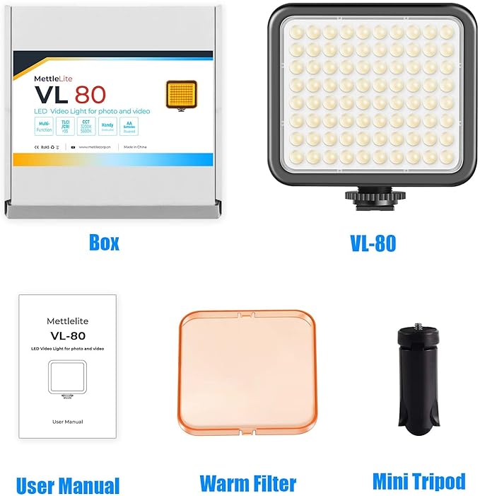 Mettlelite VL80 LED Video Light Kit Portable Continuous on Camera Photography Lighting Ultra Bright with Mini Tripod & Color Filters for Streaming Video Conferencing Gaming TikTok Vlogging