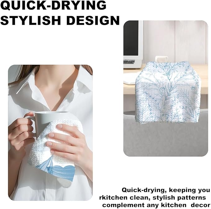 2Pcs Chinoiserie Floral Kitchen Towels 24x14 Inch, Minimalist Blue Leaves Watercolor Hand Towels for Kitchen Home Decor, White Absorbent Dish Cloth Tea Towel, Home Gifts for Women Mom Grandma
