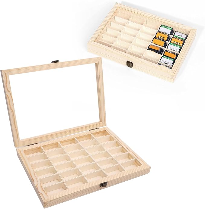 Wooden Film Cassette Display Case - 30 Slot 135 Film Storage Box, Minimalist Dust Proof Organizer for 35mm Camera Film - Solid Wood Photography Collectors Box (11.6x8.5x1.8in)