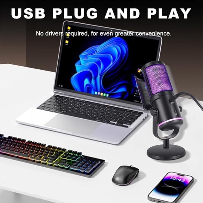 USB Gaming Microphone for PC/PS5 - RGB Condenser Mic with Noise Cancellation & Tap-to-Mute - Triple-Knob Control (Gain/Monitor Mix/Vol) - Desktop Stand for Streaming, Podcasting, Twitch, Discord