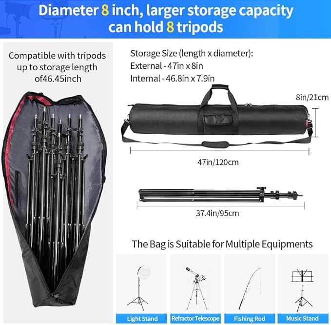 HEMMOTOP Tripod Bag, 47x8.3in All Sides Thick Padded Tripod Carrying Case with Shoulder Strap and Handle, Heavy Duty Light Stand Bag with Two Zippered Pockets for Pool Cue, Speaker Stand -R12021