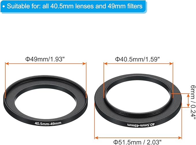 PATIKIL 40.5mm-49mm Metal Step Up Ring, 2 Pack Camera Lens Filter Adapter Ring Aluminum Filter Adapter Ring for Camera Lenses Hood, Black