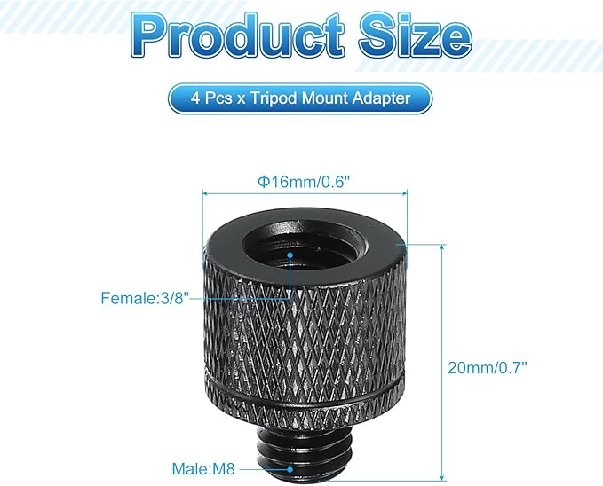 PATIKIL Tripod Screw Adapter 3/8" Female to M8 Male, 4 Pcs Tripod Nut Connectors Camera Mount Screw Camera Double Head Converter for Microphone Holder Magic Arms Accessories, 20 mm