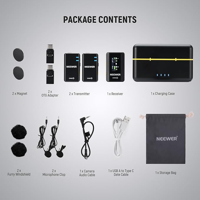 NEEWER CM28 Wireless Lavalier Microphone System with Charging Case, 2 Mic Clips, 1 Click Noise Canceling, 4GB Storage, 9H Playtime, Lavalier Lapel Mic Compatible with iPhone/Android/PC/Camera/iPad