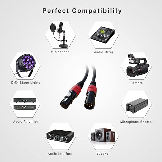 XLR Cables, XLR Microphone Cable 6 ft 6 Pack, Gold-Plated 3-pin XLR Speaker Cable Male to Female Balanced Mic Cable