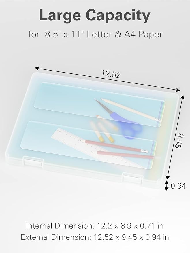 iBune 4-Pack A4 Plastic Paper Organizer Box, Scrapbook Storage for 8.5” x 11” Letter Papers, Portable Document Holder, Photo Storage Box Sticker Art Supplies Organizers, 12.2” x 8.9” x 0.7” Inner Size