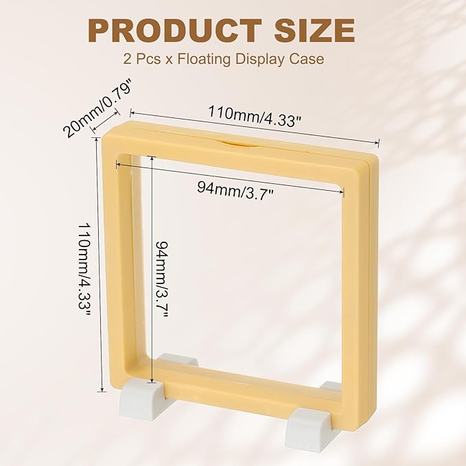 PATIKIL 2Pcs Floating Display Case, 4.3 Inch Jewelry Display Case Stand Challenge Coin Holder Frames Transparent Small Storage Box 3D for Necklace Bracelets Pendants, Light Yellow/White