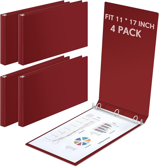 Humyoun 4 Pcs 11 x 17 Inch 3 Ring Binders 1.5 Inch Rings Heavy Duty View D Ring Binders Economy Holds 11" x 17" Paper for Artwork Blueprints, Office, Home, Work Places (Red)