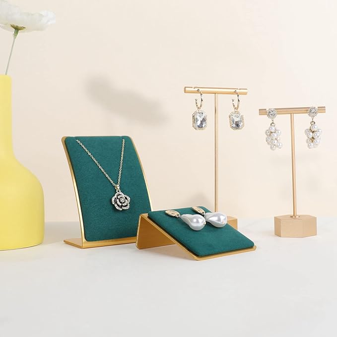 GemeShou Gold earring stands and displays for show, Green velvet earring holders, Jewelry display stands for selling【Green】