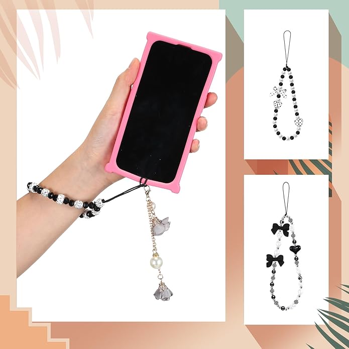 Ecally 3 Pcs Phone Charms Strap Camera Charm Strap Pearl Beaded Butterfly Bow Flower Cute Phone Wrist Lanyard Bracelet for Camera Keychain Wallet Decor Easter Gifts