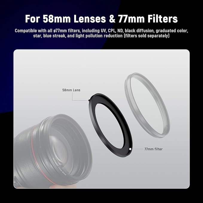 NEEWER 58-77mm Step Up Ring Adapter (2 Pack) with Cleaning Cloth, Ultra Slim Aluminum Alloy Lens Filter Adapter Ring for 58mm Camera Lens to Use 77mm Filter
