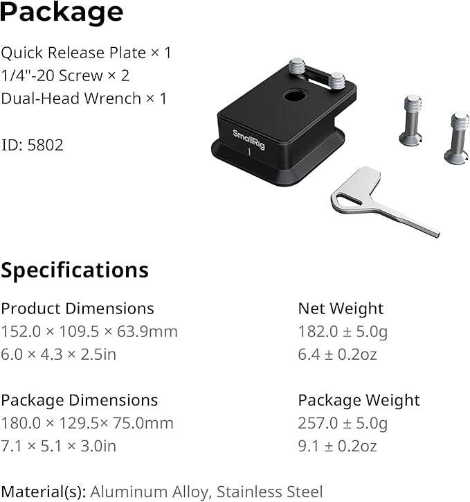 SmallRig Quick Release Plate for Arca-Type, Universal Baseplate with 1/4''-20 Screw, for Camera Cages, for Vertical Shooting - 5802