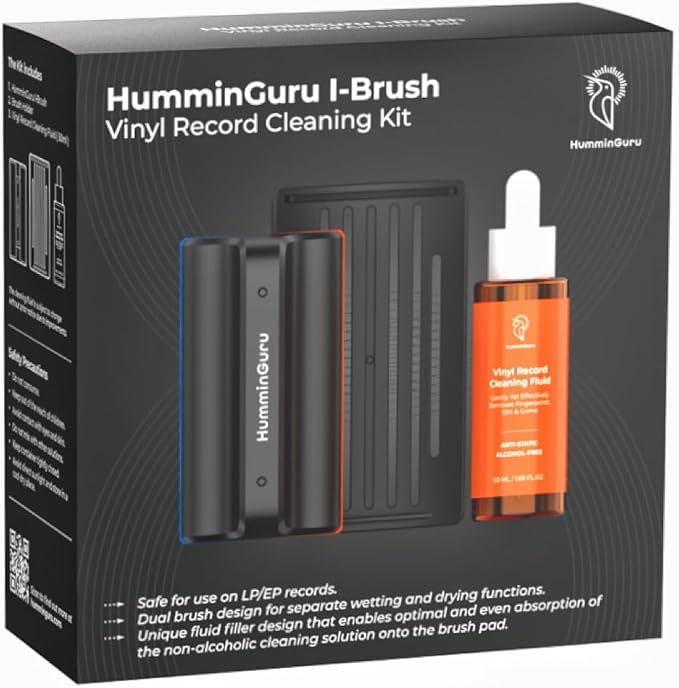 HumminGuru I-Brush Vinyl Record Cleaning Kit, Anti-Static Vinyl Record Cleaner Kit with Dual Velvet Pads Vinyl Record Brush + Alcohol-Free Record Cleaning Solution + LP Brush Holder (Orange: I-Brush)