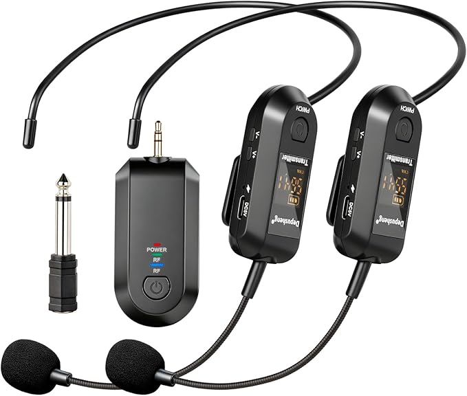 Depusheng 2.4G Wireless Microphone Headset,Lavalier and Handheld Mic 160ft Range,with 1/8''&1/4'' Plug for PA System,Voice Amplifier (Two Headset Microphone)
