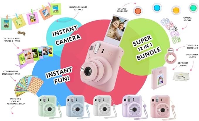 Fujifilm Instax Mini 12 Instant Camera with Case, 40 Fujilm Prints, Decoration Stickers, Frames, Photo Album and More Accessoriest (Blossom Pink)
