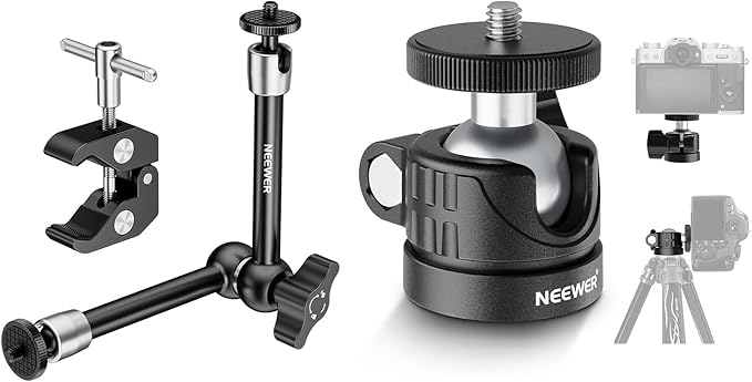 NEEWER 9.8"/25cm Adjustable Magic Arm with Basic Mini Ball Head, Super Clamp, 1/4" & 3/8" Threads, 1/4" Screws for Flash/LED Light/Microphone/Monitor, Compatible with SmallRig Camera Cage, ST25C