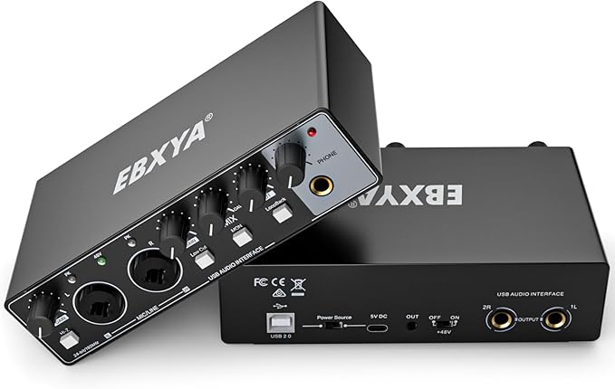 EBXYA 2x2 Audio Interface for Recording Music, 24-bit/192kHz Plug and Play USB Interface for PC and Mac, Studio, Guitar, Podcast, Streaming(Metallic Black)