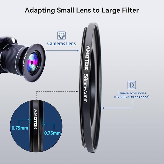 58mm to 72mm Camera Filters Ring Compatible All 58mm to 72mm UV CPL ND Filter Accessory and Lens Hood