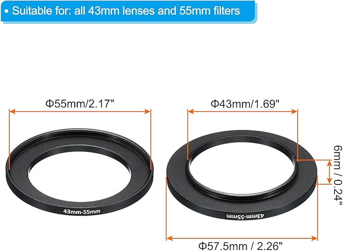 PATIKIL 43mm-55mm Metal Step Up Ring, 2 Pack Camera Lens Filter Adapter Ring Aluminum Filter Adapter Ring for Camera Lenses Hood, Black
