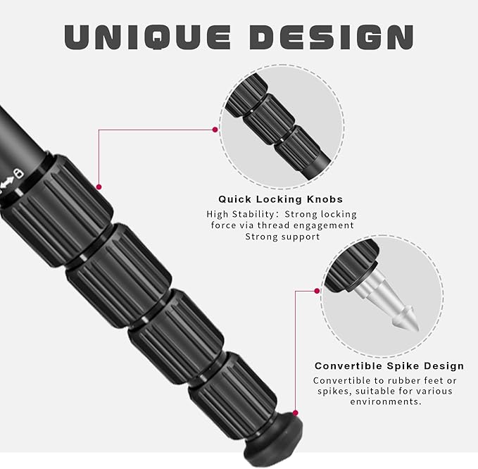 TONYBOO 65” Camera Monopod, Φ25mm 6-Section Aluminum Camera Monopod Stand, with Wrist Strap, Rubber Grip, Twist Locks, Compatible with Photography DSLR Camera Mirrorless, Load up 8kg- TE-2