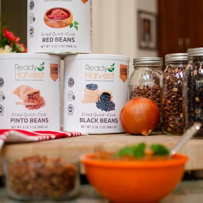 Ready Harvest Emergency Food - Quick-Cook Pinto Beans |Pre-cooked Beans, Just add hot Water | #10 Can | 25-Year Shelf Life | 3 lbs | Cans Filled to the Top
