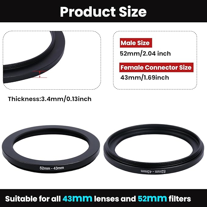 Metal Step Down Ring Filter Adapter - 52mm to 43mm - Metal Ring Step Down Rings Adapter Filter Compatible with All 43mm UV, CPL, ND, Lens Hood, Threaded Lens ect