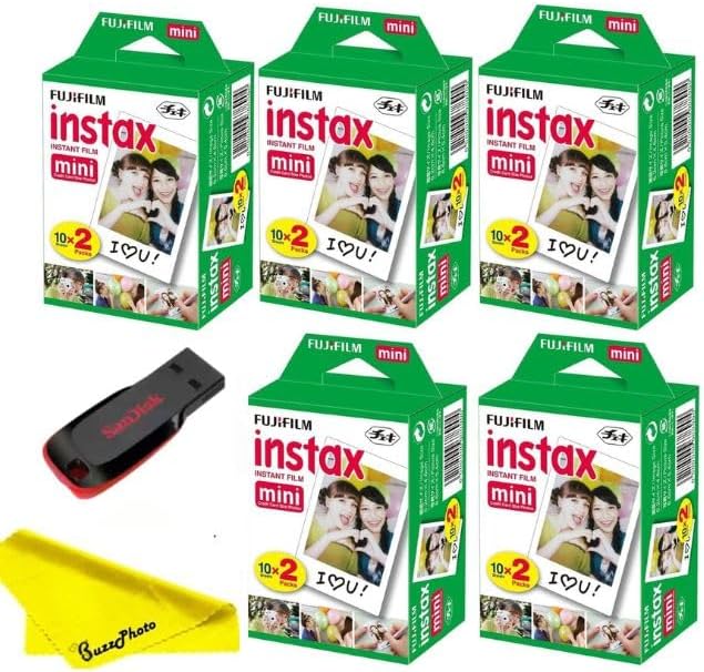 Fujifilm Instax Mini Instant Camera Film with Sandisk 32 GB USB Flash Drive + 5 x Mini Twin Packs (100 Sheets) and Buzz-Photo Microfiber Cleaning Cloth