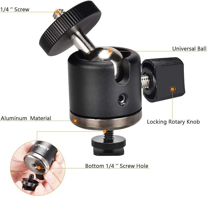 UTEBIT Mini Ball Head, Tripod Head with 1/4" hot Shoe, 360° Rotatable Ball Heads Camera Mount Adapter, Aluminium 20mm Ballhead Compatible with Tripods, Monopods, HTC Vive, SLR Cameras Loading 2.5lb